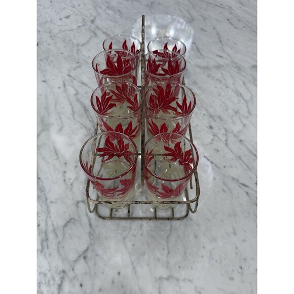 MCM Vintage Federal Beverage Glasses Red Leaves & White Lattice With Caddy RARE - Picture 5 of 6